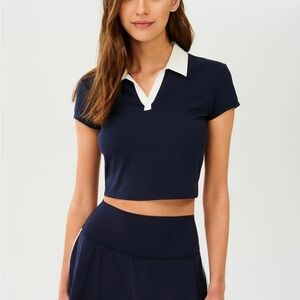 Splits59 S59 Navy and White Crop Top Collar Tennis Gym Workout Athleisure Preppy